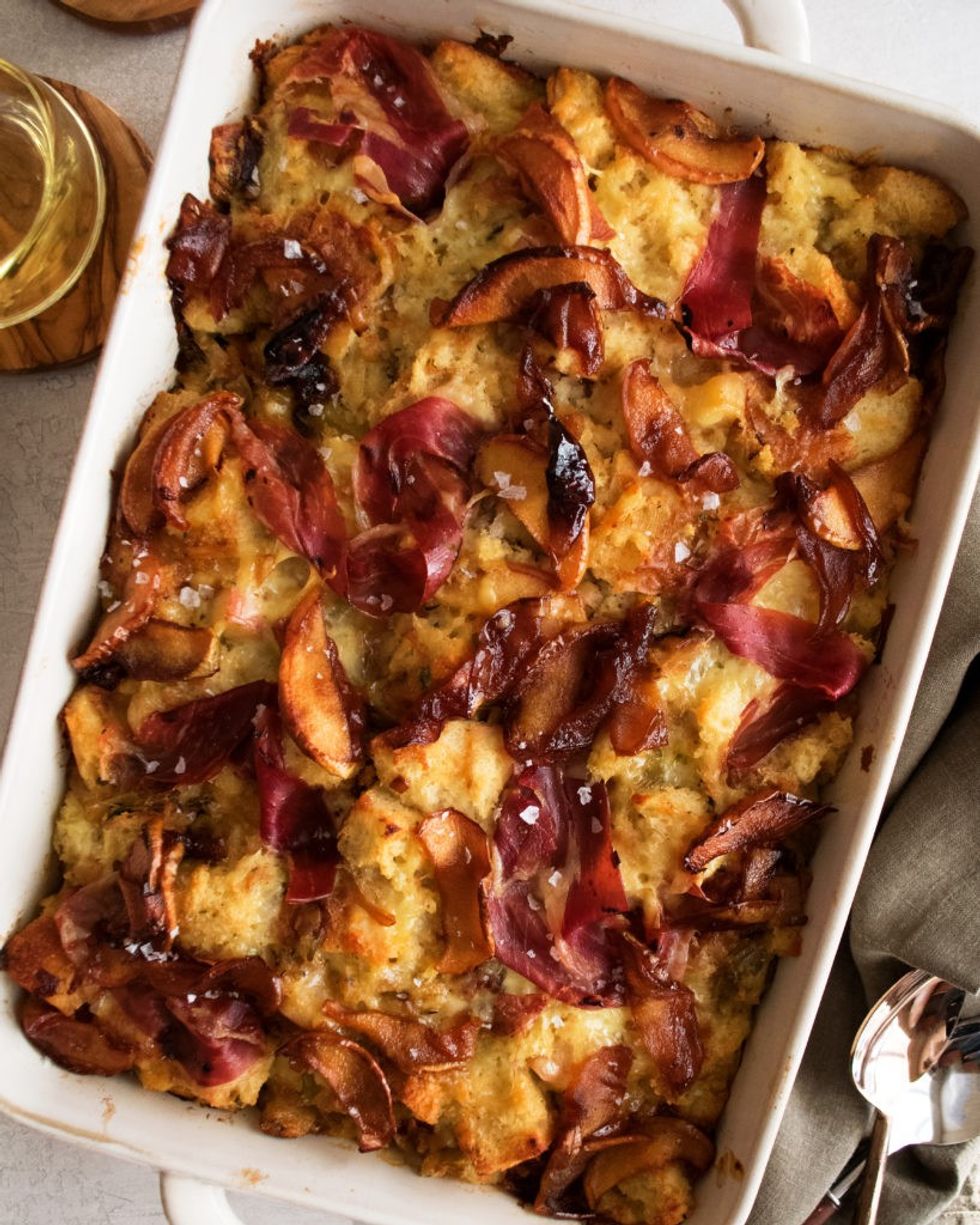 Sourdough Stuffing with Apples, Gouda, and Prosciutto