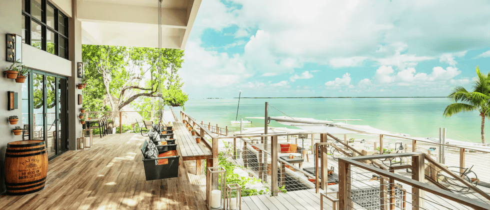 Spacious deck with seating, overlooking a serene ocean view and clear skies.