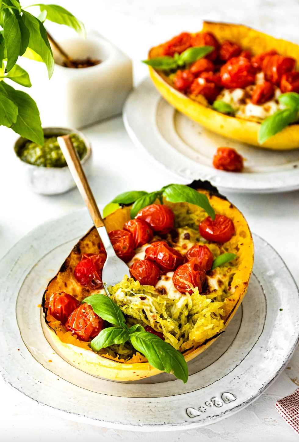 Spaghetti Squash with Pesto, Mozzarella & Roasted Tomatoes