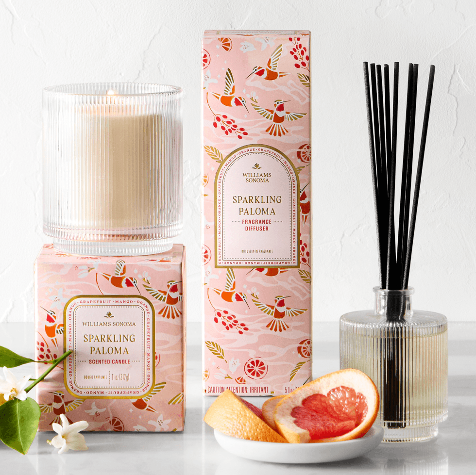 Sparkling Paloma candle and diffuser set with grapefruit and floral accents.
