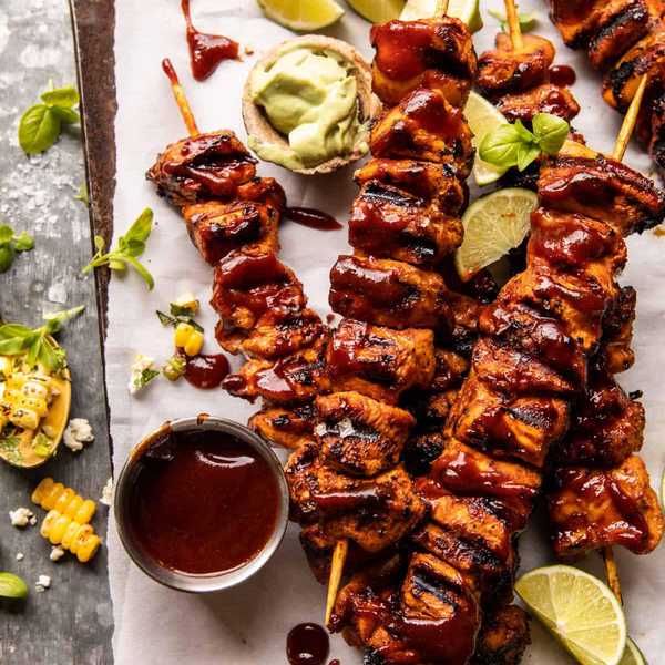 Spicy Beer BBQ Chicken Skewers with Avocado Corn and Feta Salsa