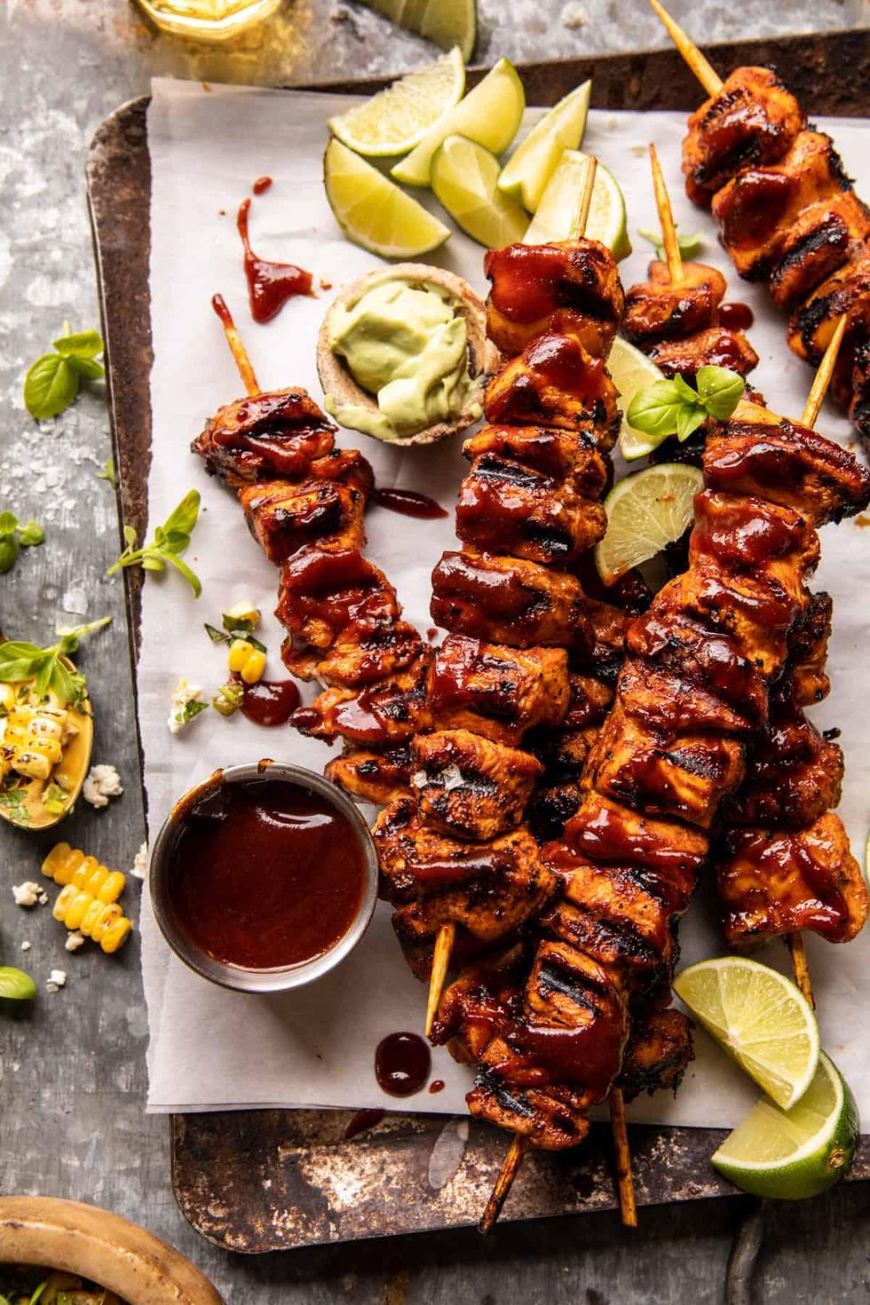 Spicy Beer BBQ Chicken Skewers with Avocado Corn and Feta Salsa