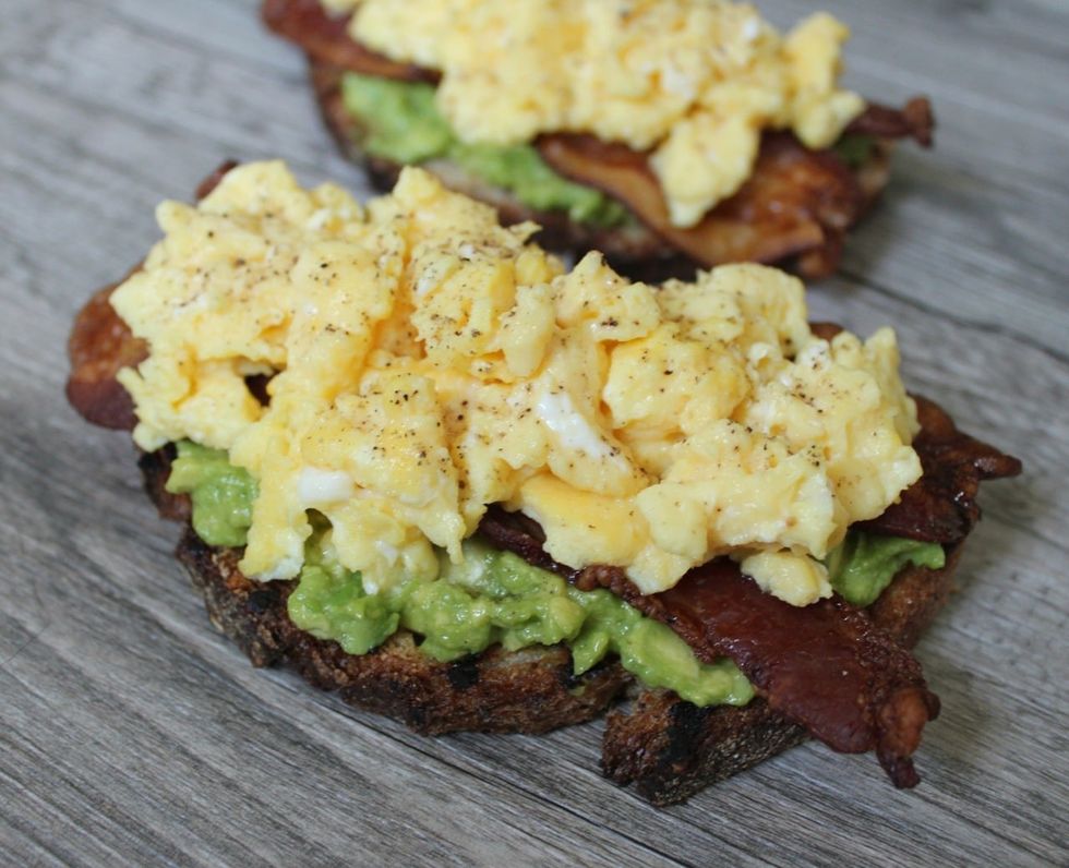 Spicy Maple Bacon and Scrambled Eggs on Avocado Toast