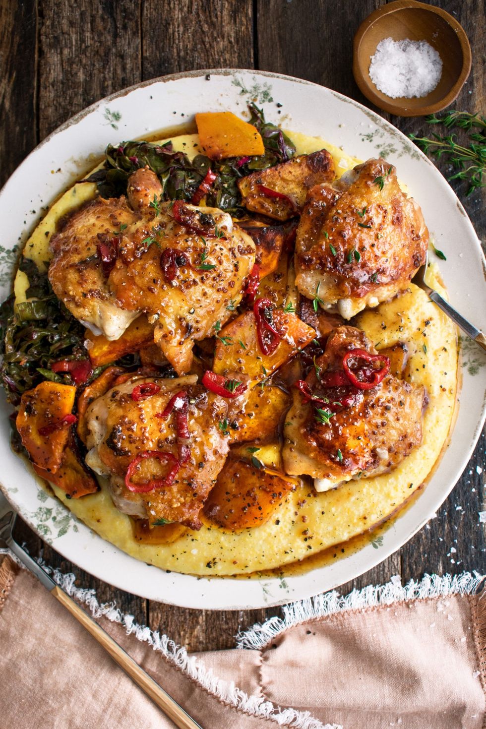 spicy maple mustard chicken with creamy polenta