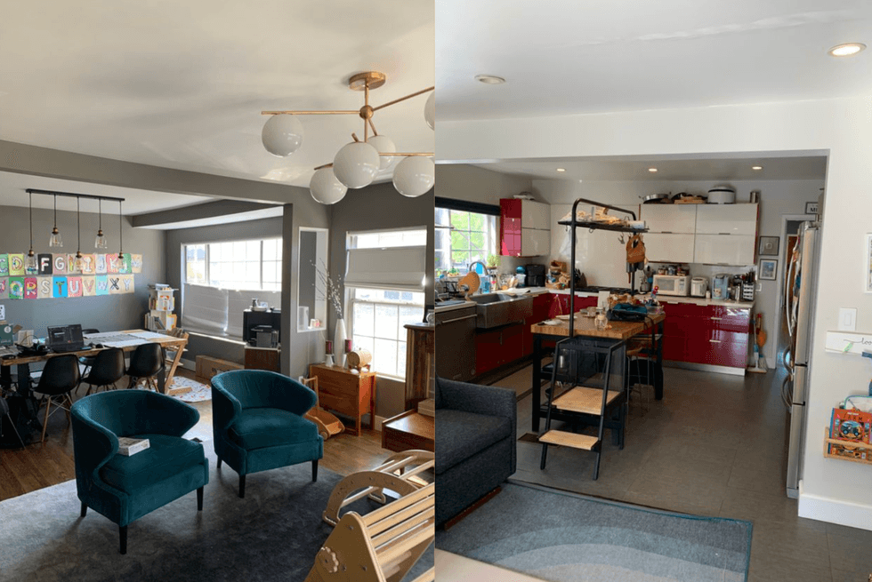 Split image: home office with teal chairs and modern kitchen with red cabinets.