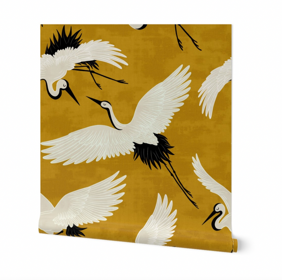 Spoonflower Cranes Gold Wallpaper