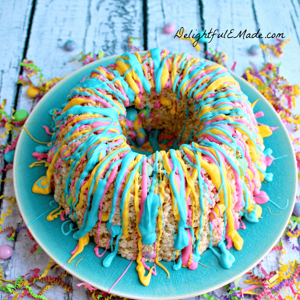 Spring Krispie Cake With M&M's and Candy Drizzle