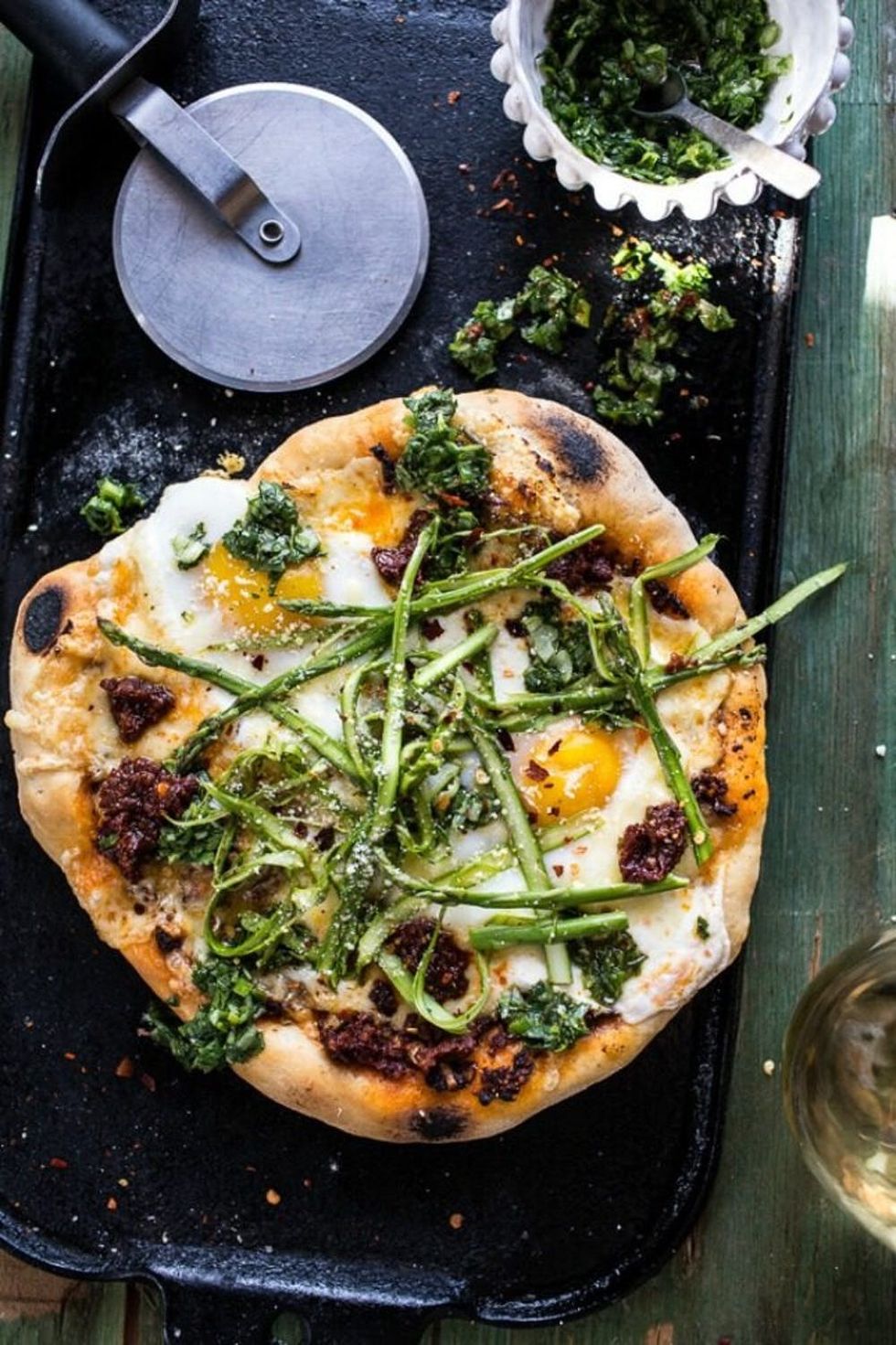 Springtime pizza recipes With Chipotle Romesco, Eggs, and Shaved Asparagus Salad