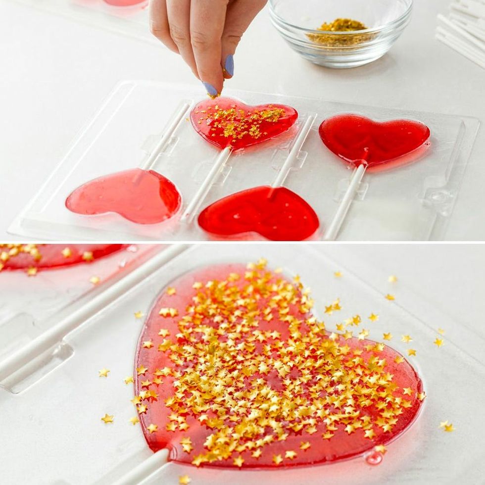 sprinkle gold stars on the valentines lollipops