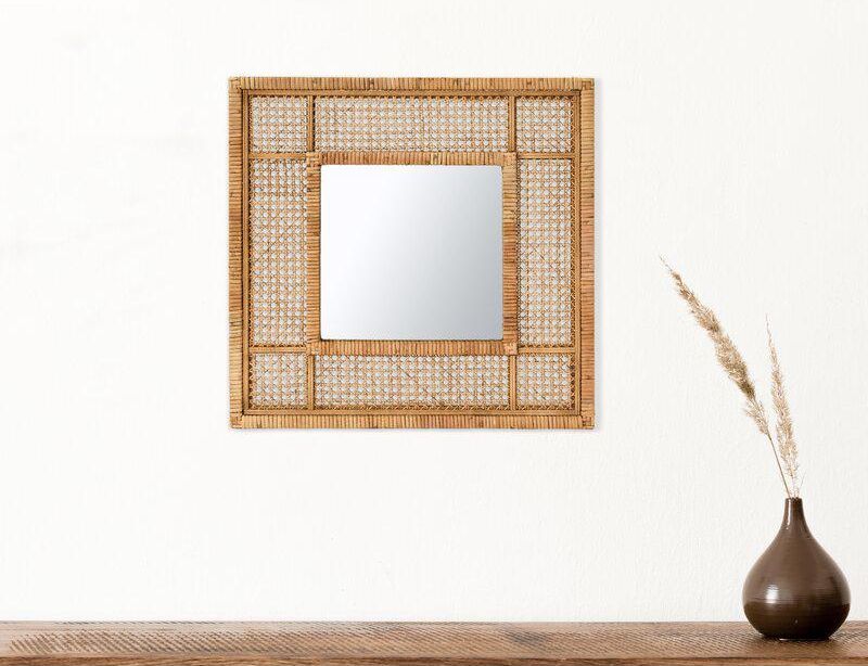 Square Modern Wood And Rattan Wall Mirror