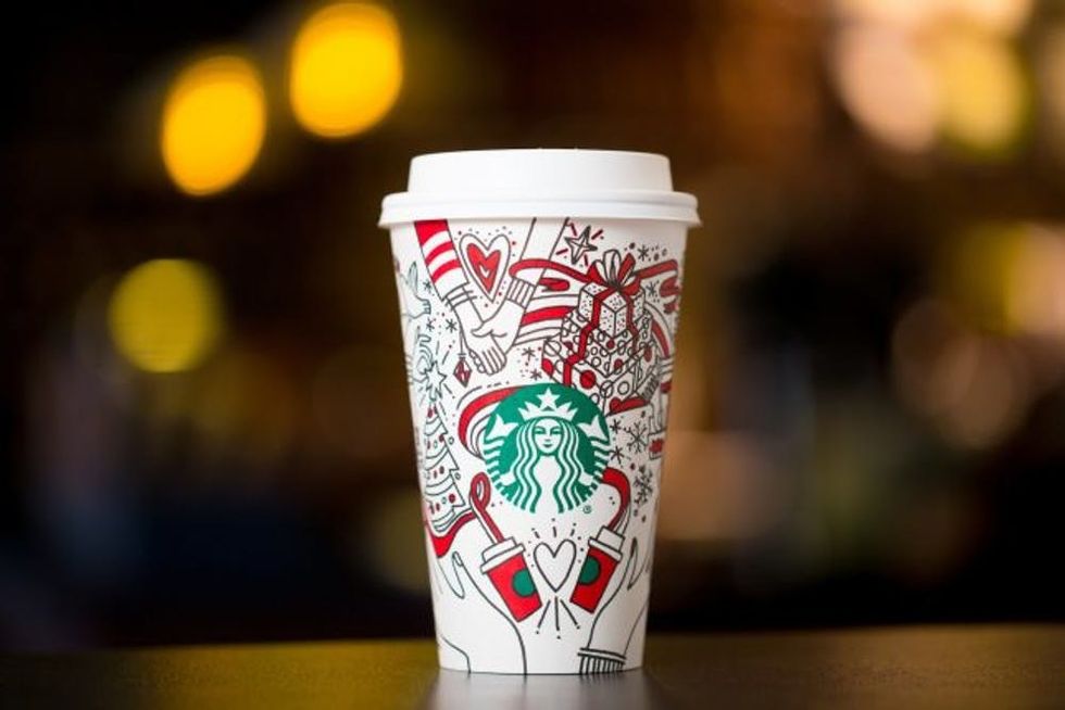 Starbucks 2017 holiday cups photographed on Monday, October 23, 2017. (Joshua Trujillo, Starbucks)