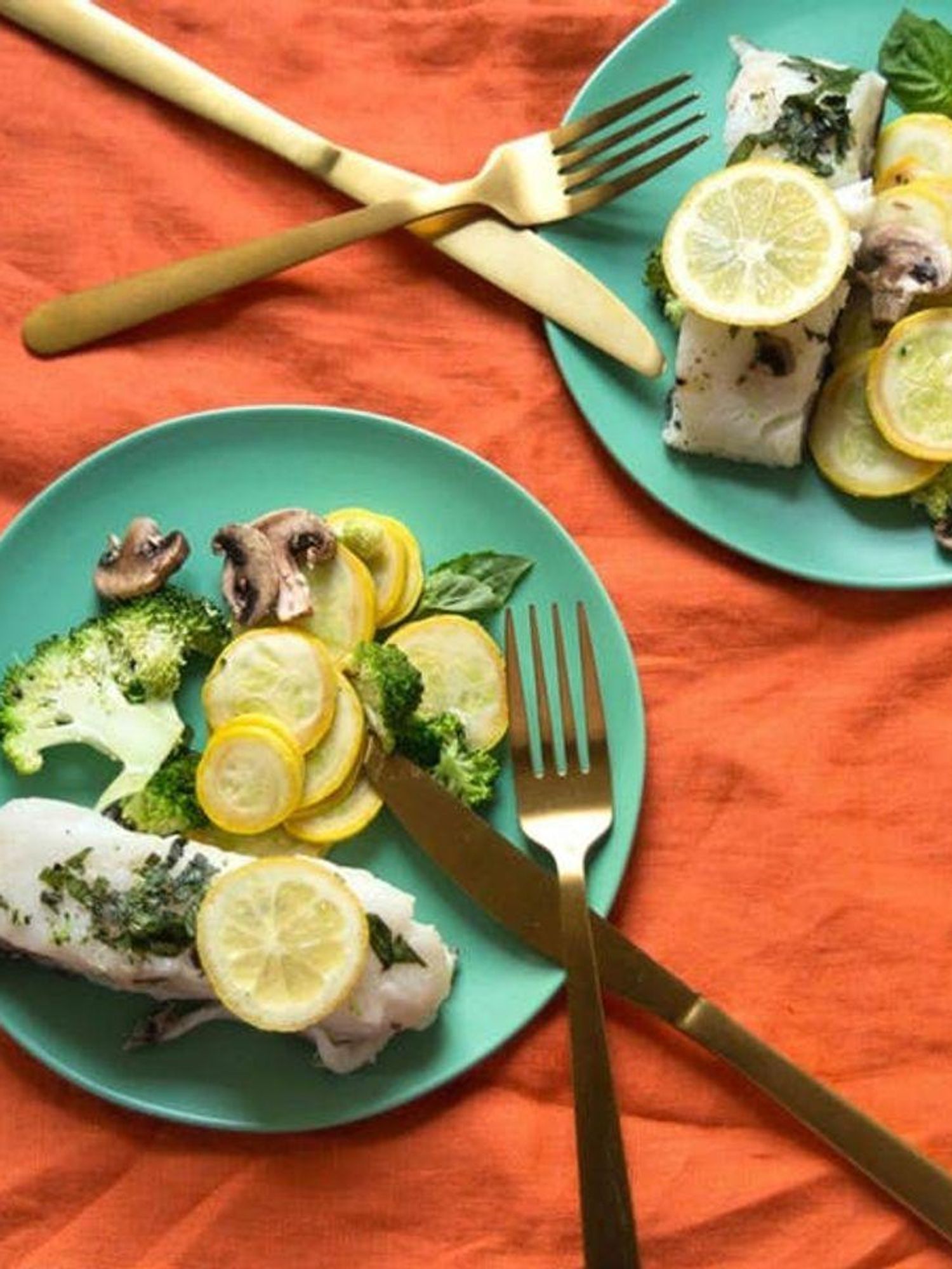 Steamed Sea Bass with Broccoli, Mushrooms, and Summer Squash