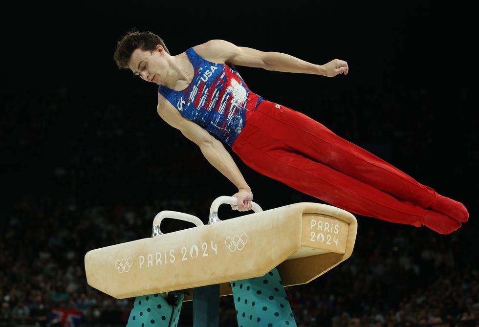Stephen Nedoroscik performing his pommel horse routine in the 2024 paris olympics