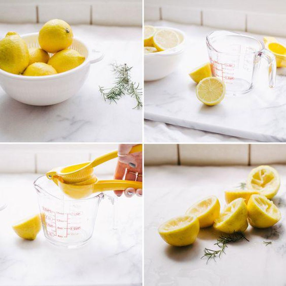 Steps of lemon preparation: whole, halved, juiced, and cut lemons with a juicer and measuring cup.