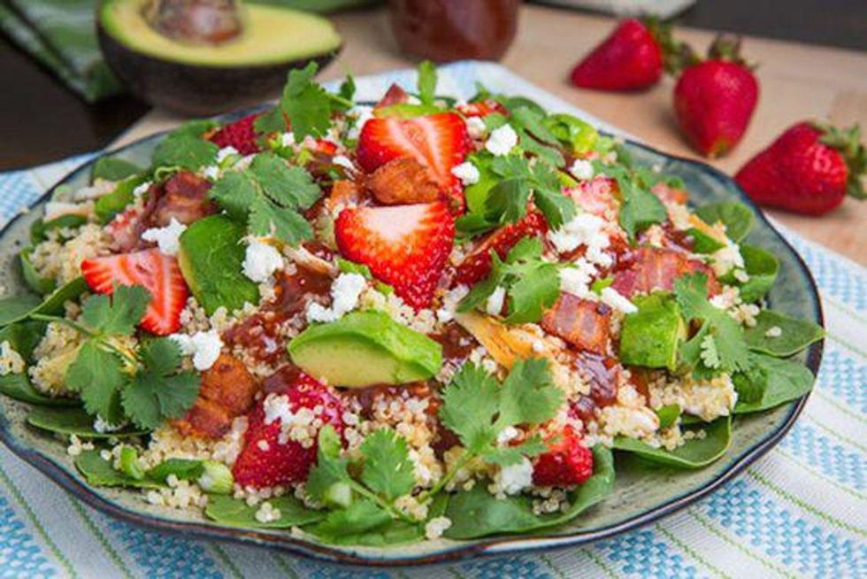 Strawberry BBQ Chicken Spinach and Quinoa Salad with Bacon, Avocado and Goat Cheese