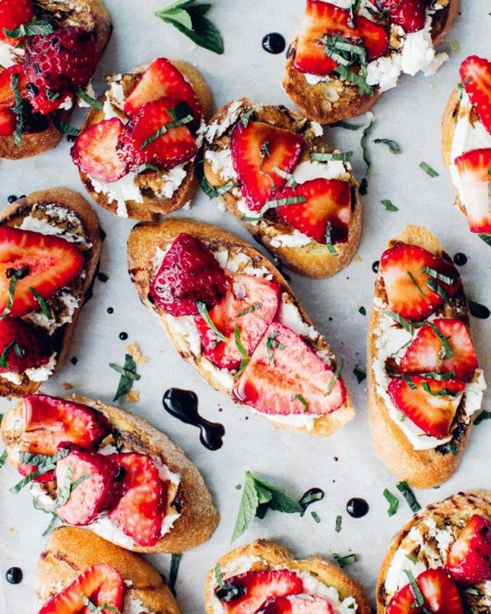 strawberry, goat cheese, mint, and balsamic reduction on bread Summer Crostini Recipes