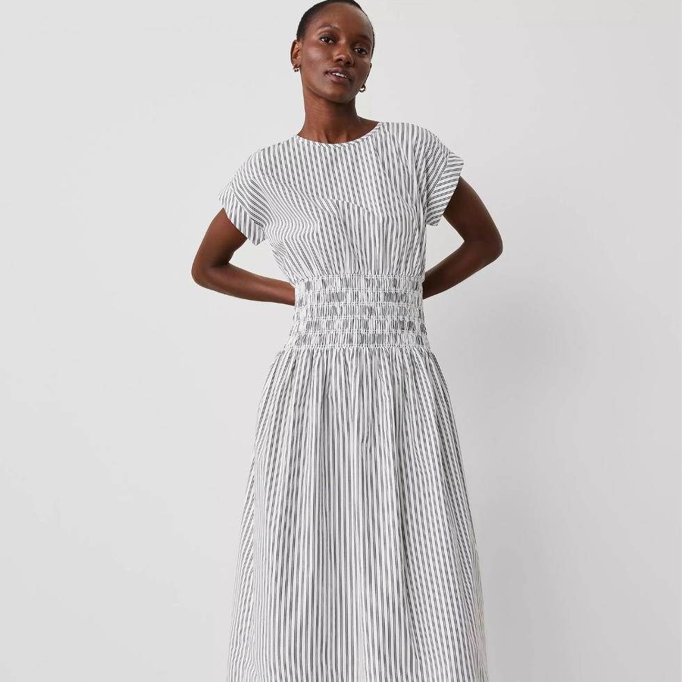 Striped Smocked-Waist Midi Flare Dress
