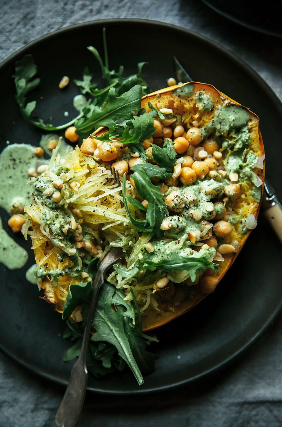 Stuffed Spaghetti Squash with Chickpeas & Garlicky Arugula Cream