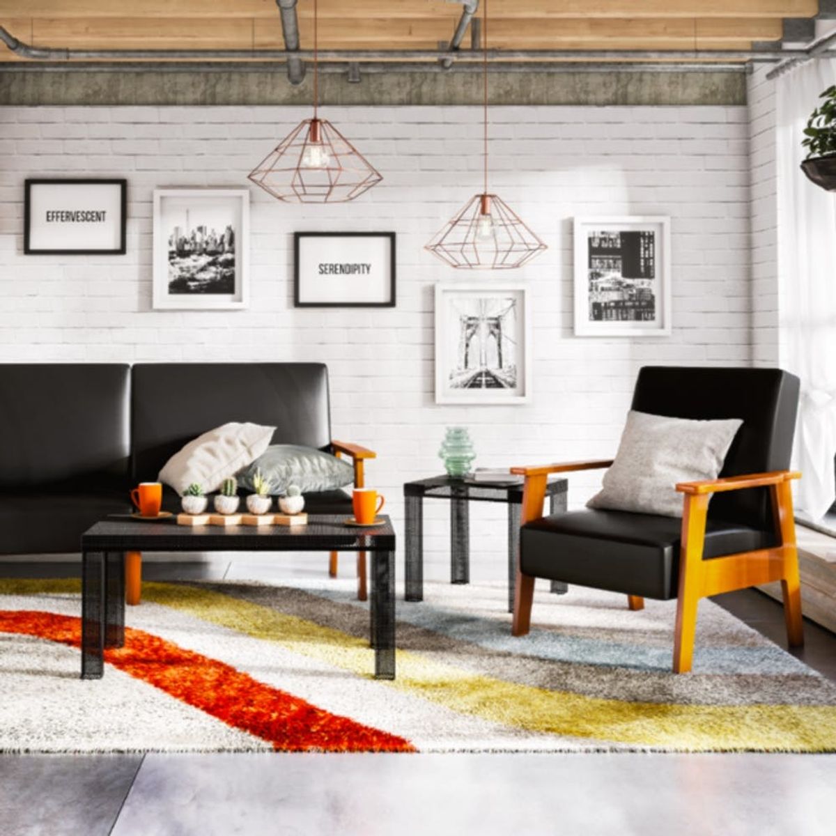 Stylish living room with black seating, geometric lights, and framed wall art.