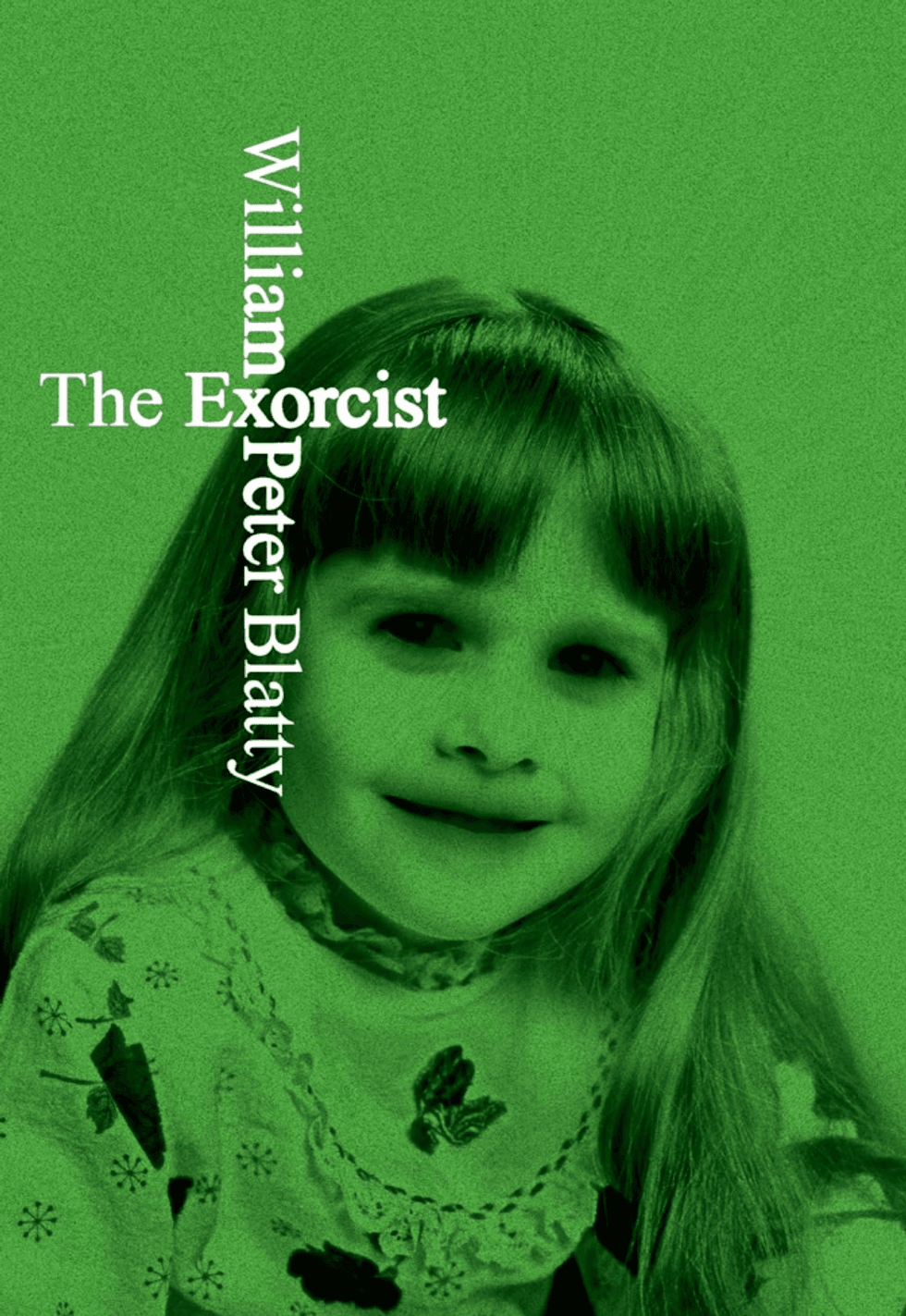 Stylized green poster with a girl's face and tilted text: "The Exorcist" by William Peter Blatty.