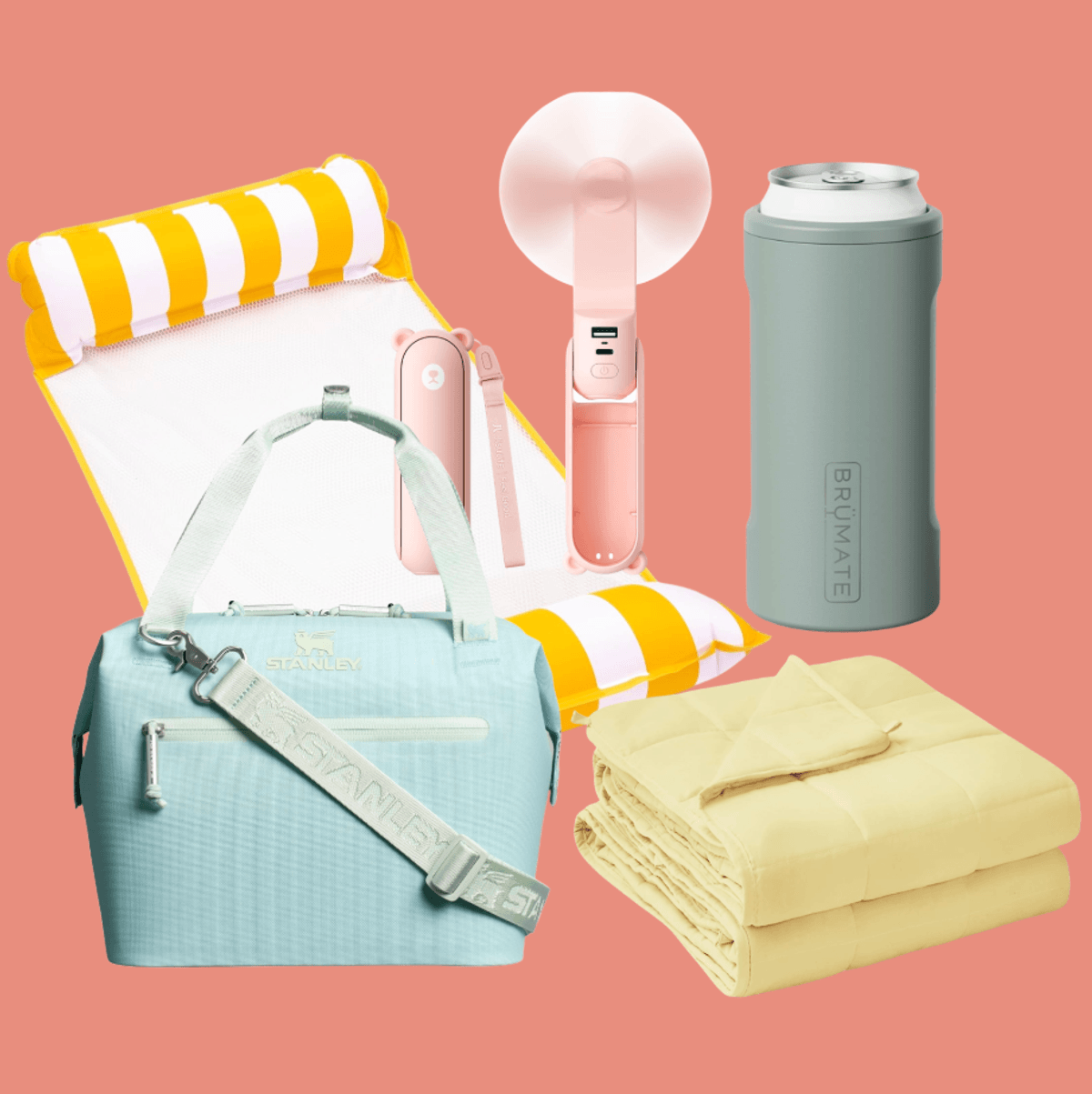 Summer essentials: pool float, cooler bag, fan, can cooler, and folded blanket on pink background.