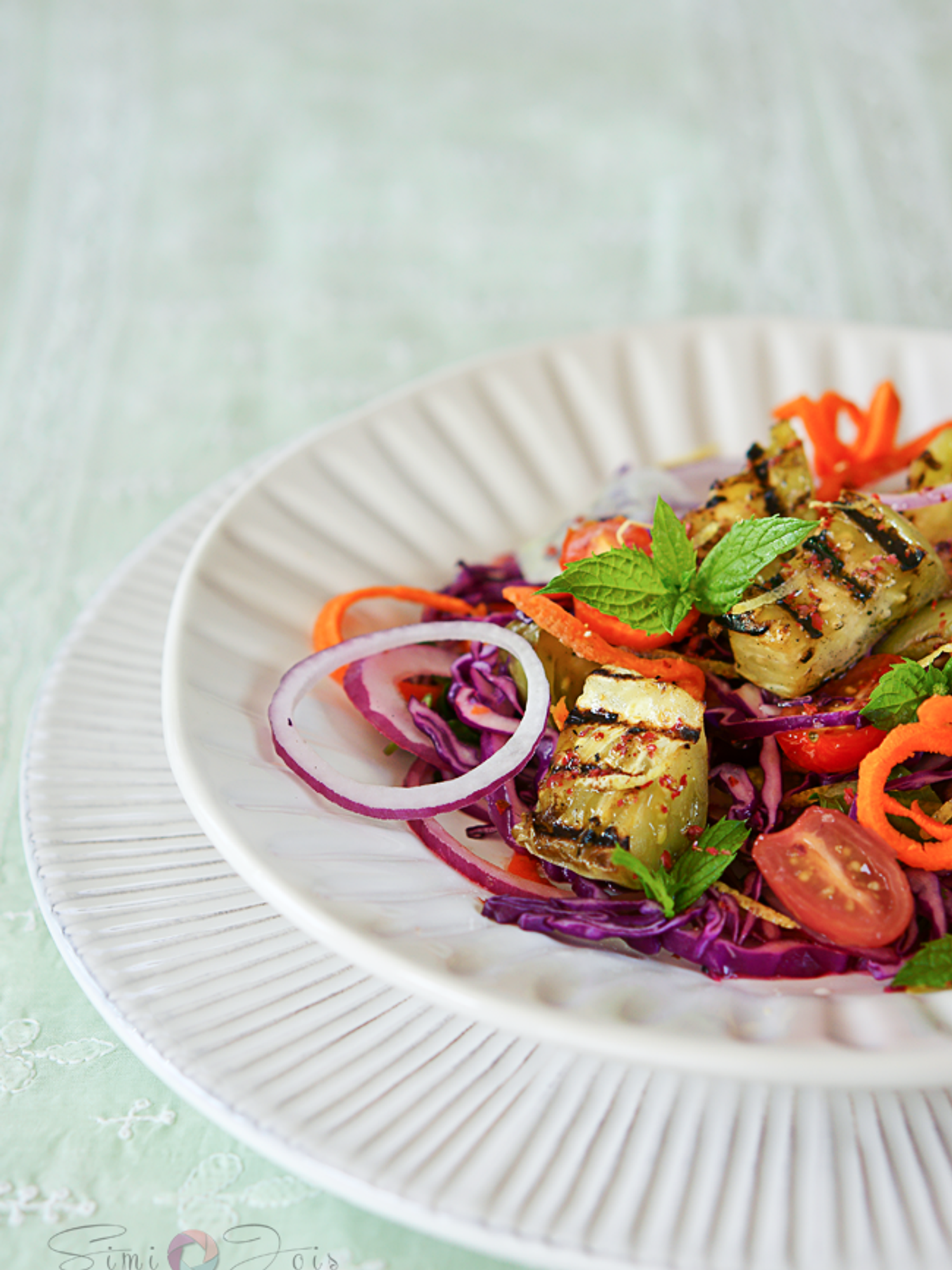 Summer Grilled Salad on a white plate Green Tomato Recipes