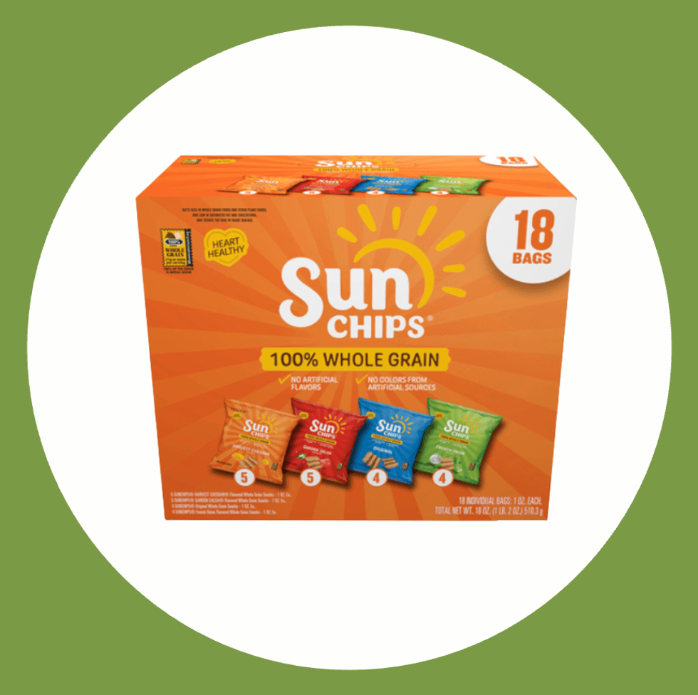 SunChips 18-pack box, 100% whole grain, variety of flavors, green background.