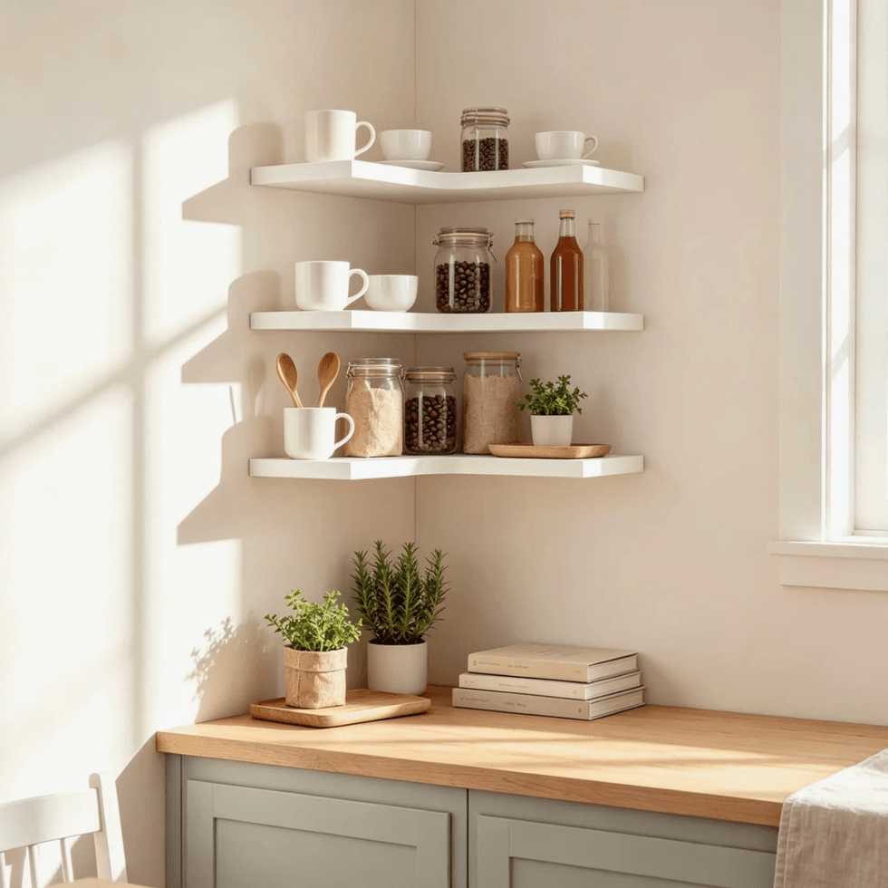 Sunlit kitchen shelves with jars, mugs, plants, and wooden spoons.