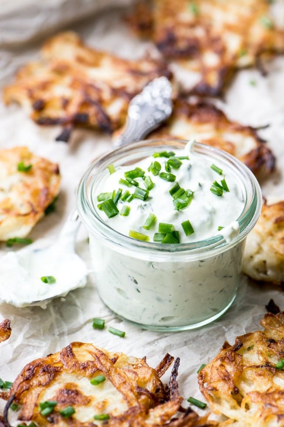 Sweet Onion Latkes With Chive Sour Cream