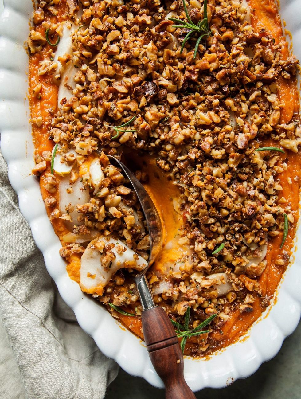 Sweet Potato Casserole with Apples & Crunchy Rosemary Walnuts
