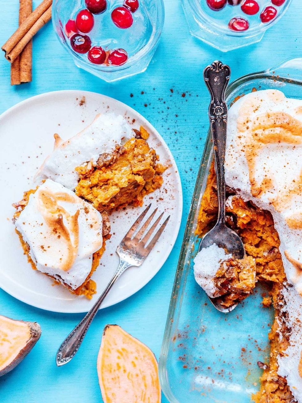 Sweet Potato Casserole with Pecan Crumble + Meringue