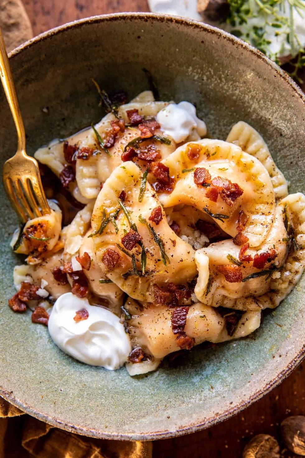 Sweet Potato Cheddar Pierogi with Bacon Bits