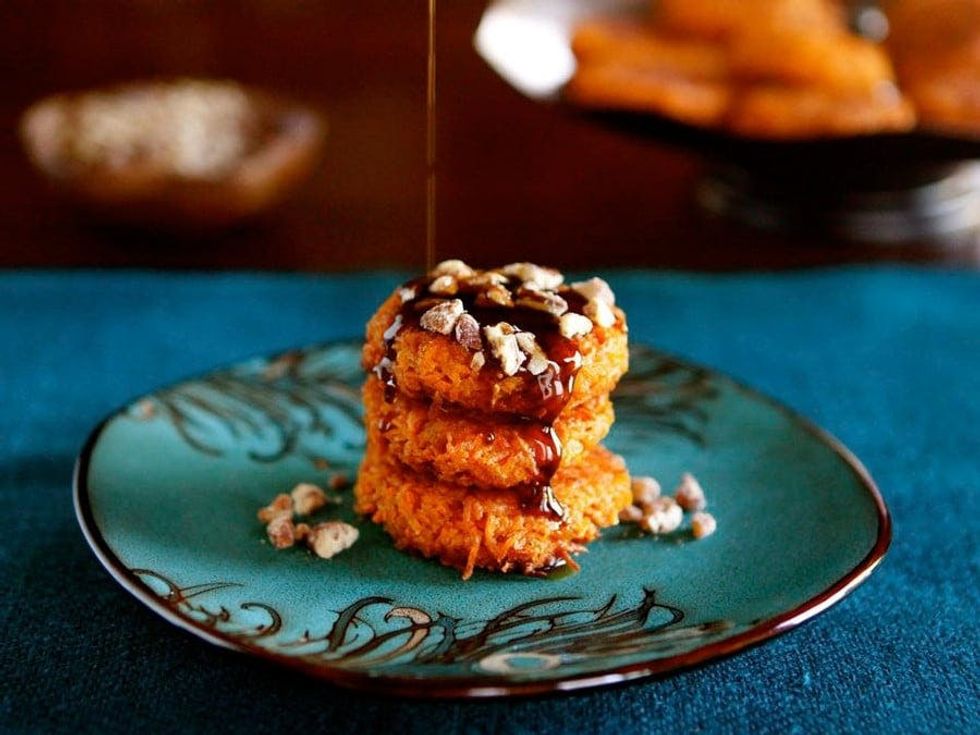 Sweet Potato Latkes With Brown Sugar Syrup and Candied Pecans