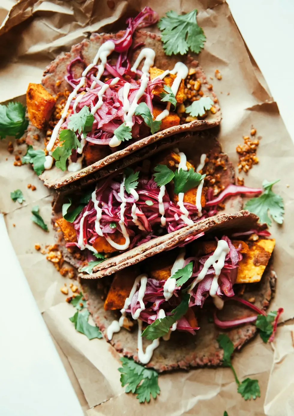 Sweet Potato Pecan Tacos with Homemade Cassava Tortillas, Quick-Pickled Cabbage & Cashew Sour Cream