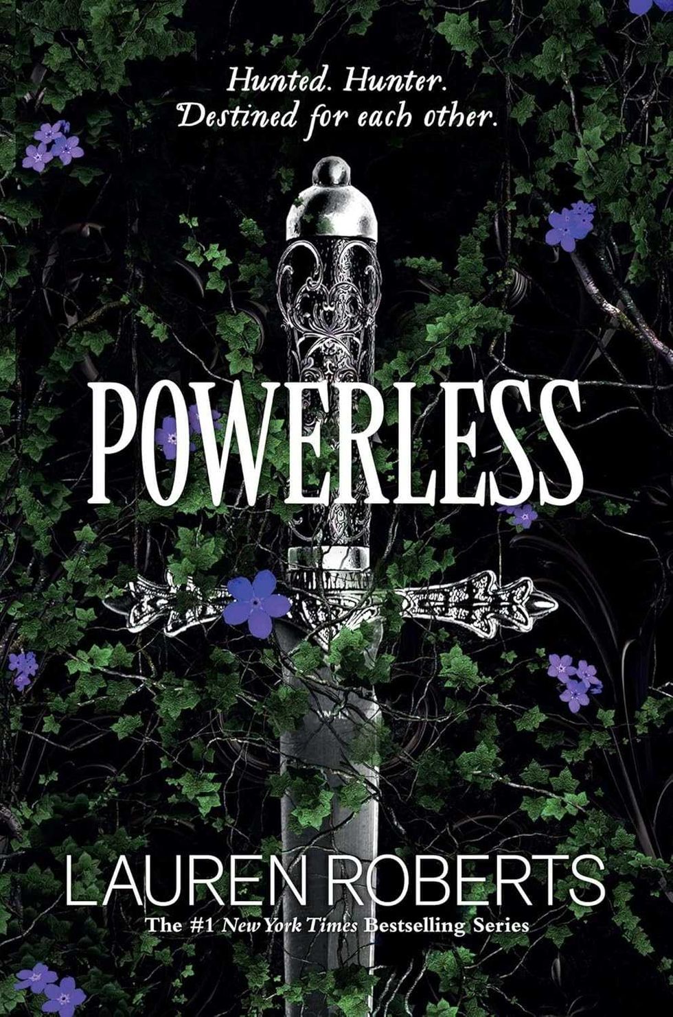 Sword entwined with vines and purple flowers, "Powerless" text overlay.