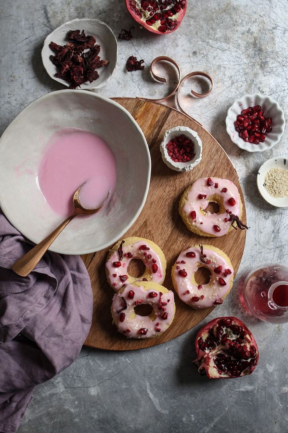 Tahini Cake Donuts with Pomegranate Hibiscus Glaze