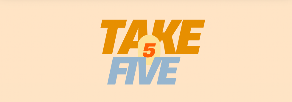 "TAKE 5 logo in orange and blue on a beige background."
