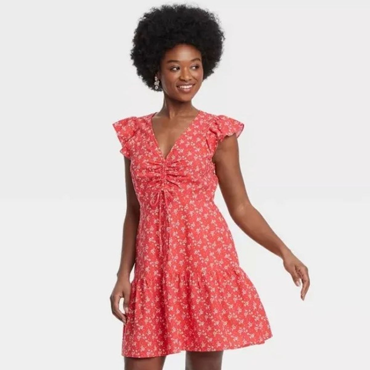 target red floral dress Women's Puff Short Sleeve Midi Wrap Dress