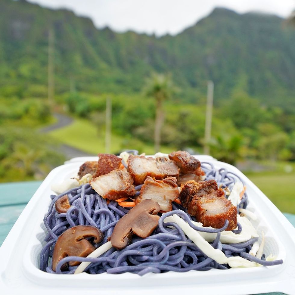 Taro pasta with Lechon and Portabella Mushrooms