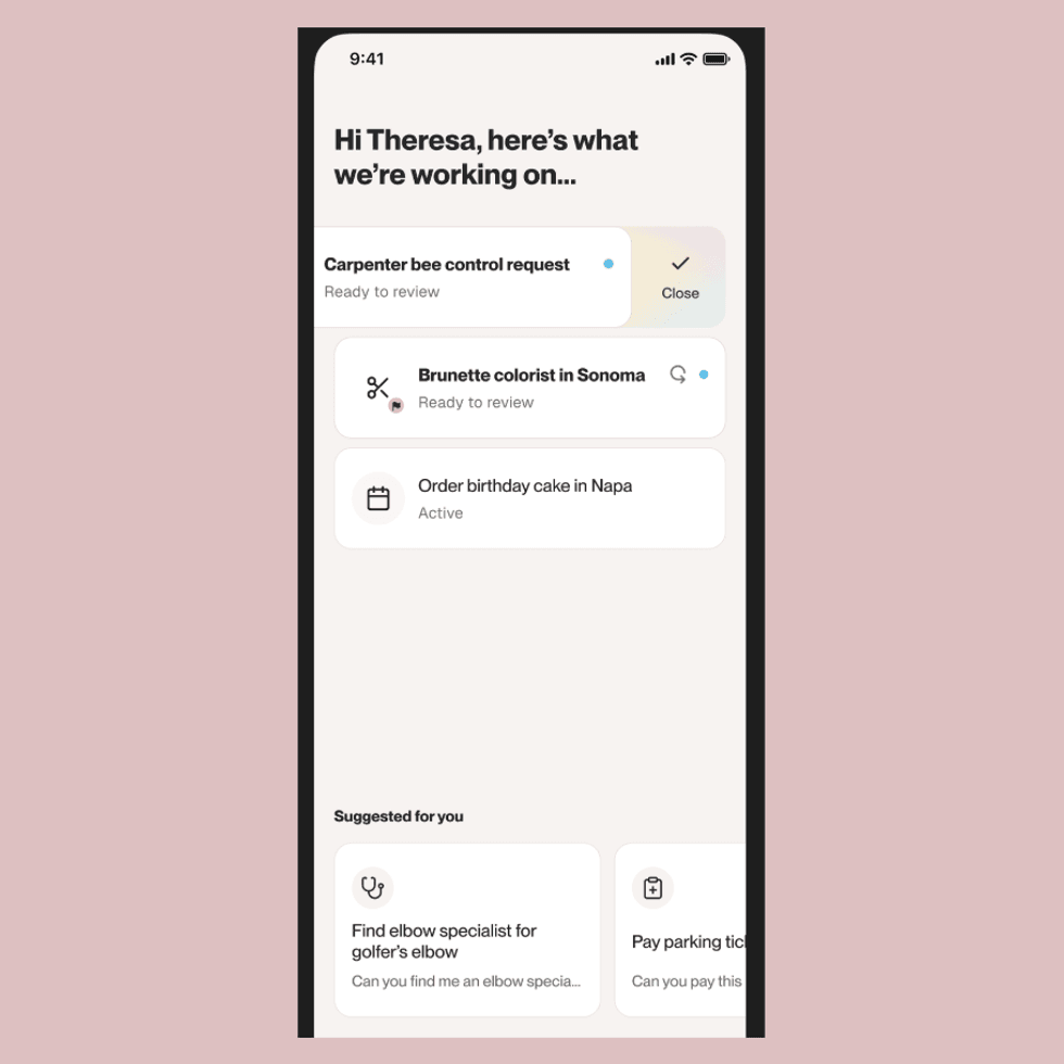 Task management app showing tasks and suggestions for Theresa on a smartphone screen.