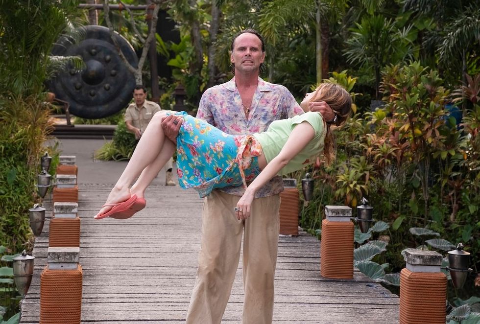 Tayme Thapthimthong, Walton Goggins, Aimee Lou Wood in 'The White Lotus' season 3 finale