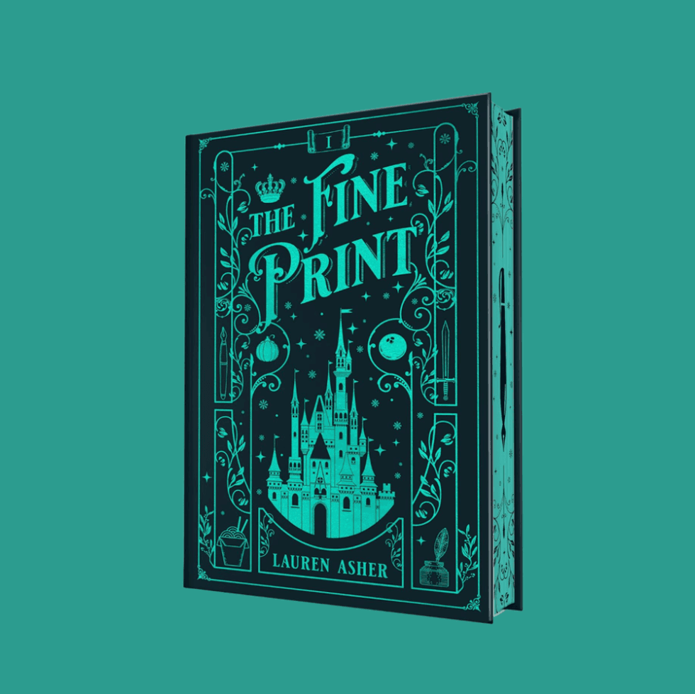 Teal book cover with ornate castle and "The Fine Print" text design.