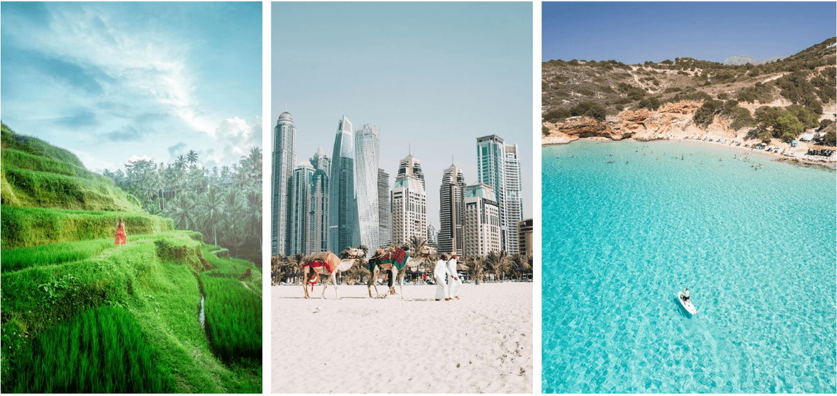 Terraced fields, city skyline with camels, and a serene turquoise beach scene.