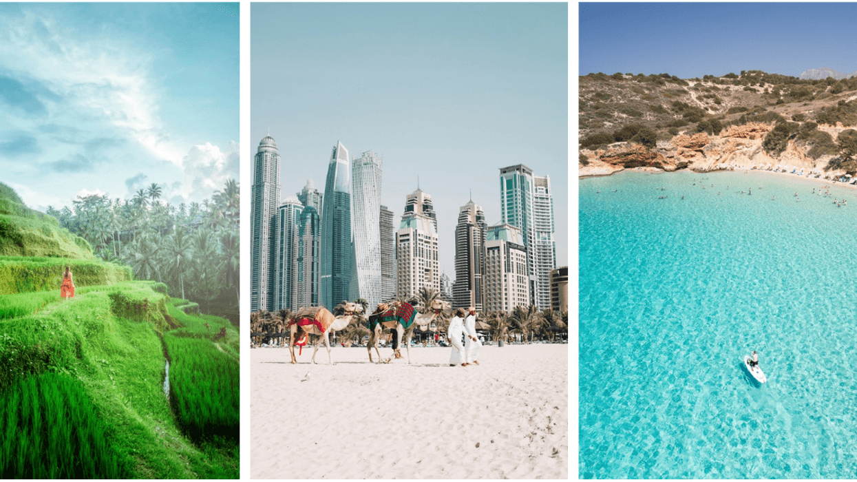Terraced fields, city skyline with camels, and a serene turquoise beach scene.