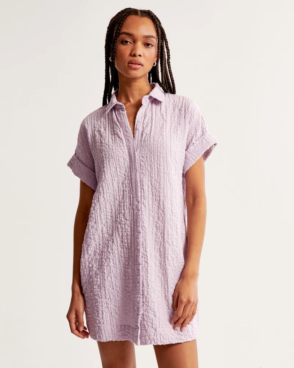 Textured Button-Through Shirt Dress in lilac color
