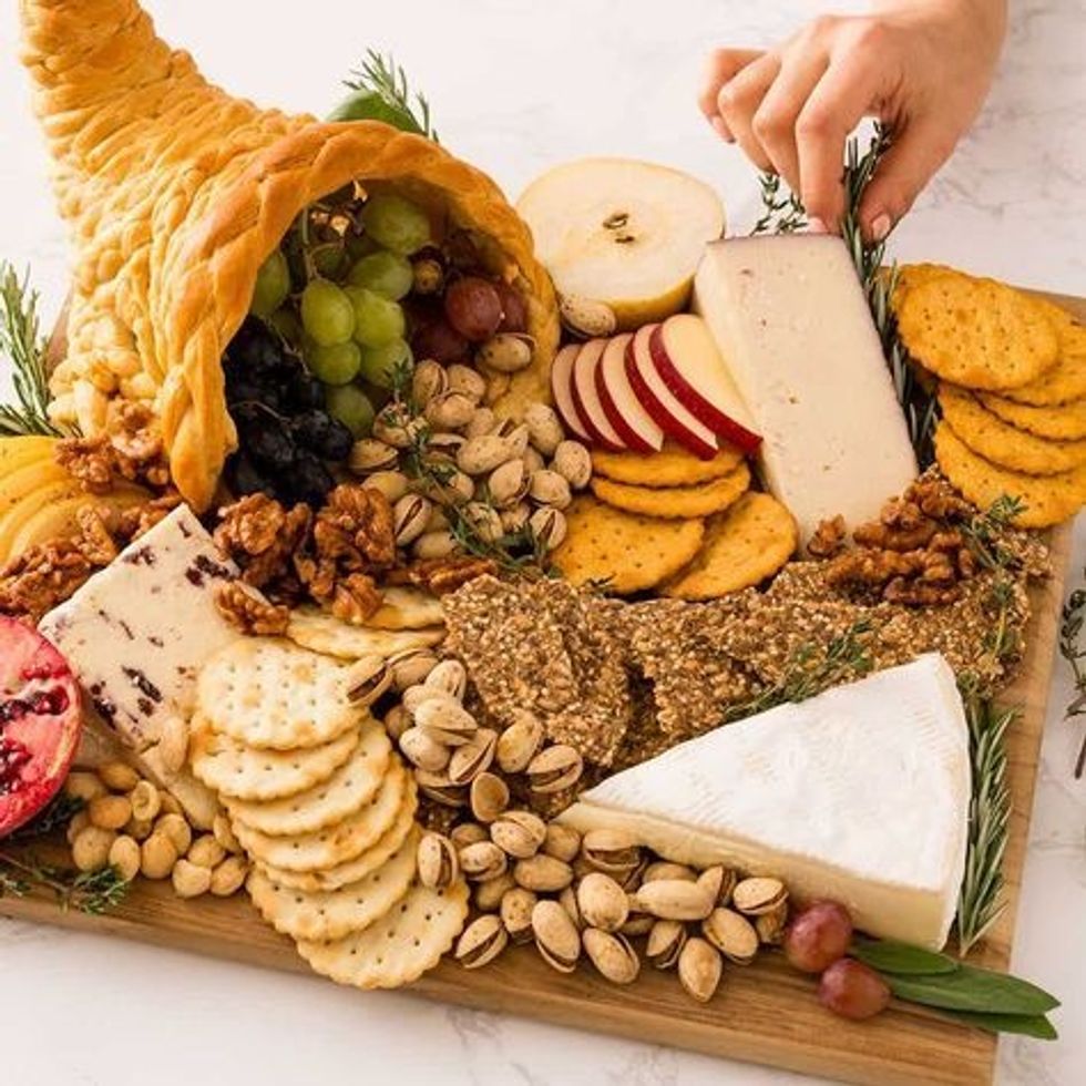 Thanksgiving Cheese Plate With a Crescent-Roll Cornucopia
