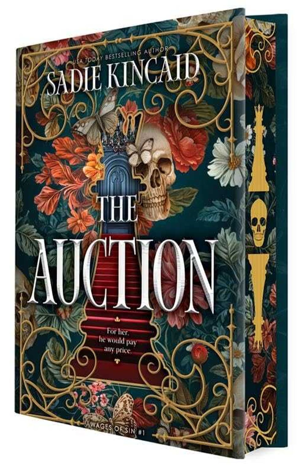 "The Auction" book cover, ornate design with flowers, skull, and butterfly.