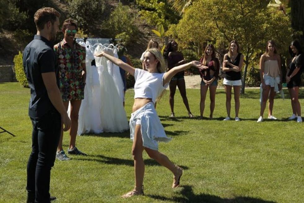 THE BACHELOR - "Episode 2102" - As Nick continues his search for love with the 22 remaining beautiful bachelorettes, Liz is particularly anxious: she is keeping a tumultuous secret about her romantic past with the Bachelor. Twelve other women are excited to dress up for their own wedding photo shoot with their "groom," Nick. Danielle M. snags the first one-on-one date of the season, as the couple helicopter to a steamy hot tub aboard a yacht. Six women get to act out a dramatic and sometimes funny "break-up" with Nick at Los Angeles' Museum of Broken Relationships, but it is the weight of Liz's sexy secret that throws everything into disarray. Will one night of passion in the past derail Nick's chances at a happily ever after from the start? Find out on "The Bachelor," MONDAY, JANUARY 9 (8:00-10:01 p.m. EST), on the ABC Television Network. (Rick Rowell/ABC via Getty Images) NICK VIALL, CORINNE