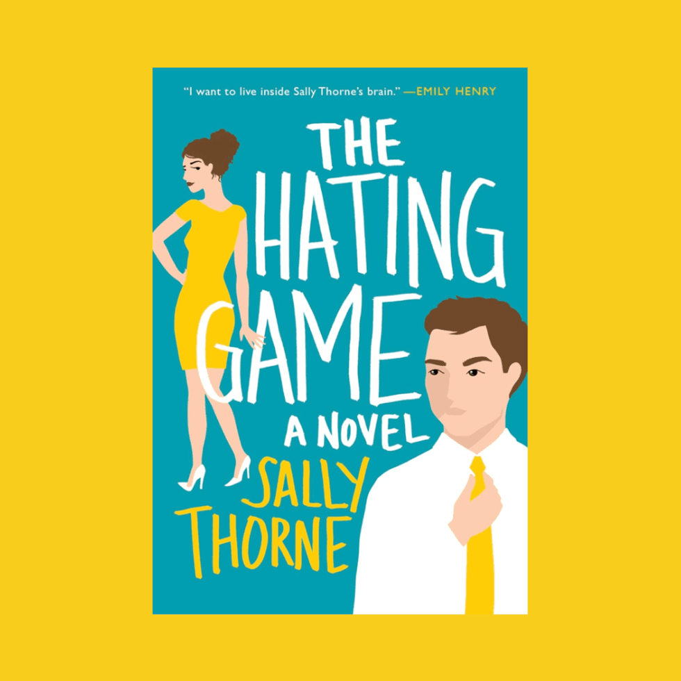"The Hating Game" book cover: two illustrated figures in yellow, blue background.