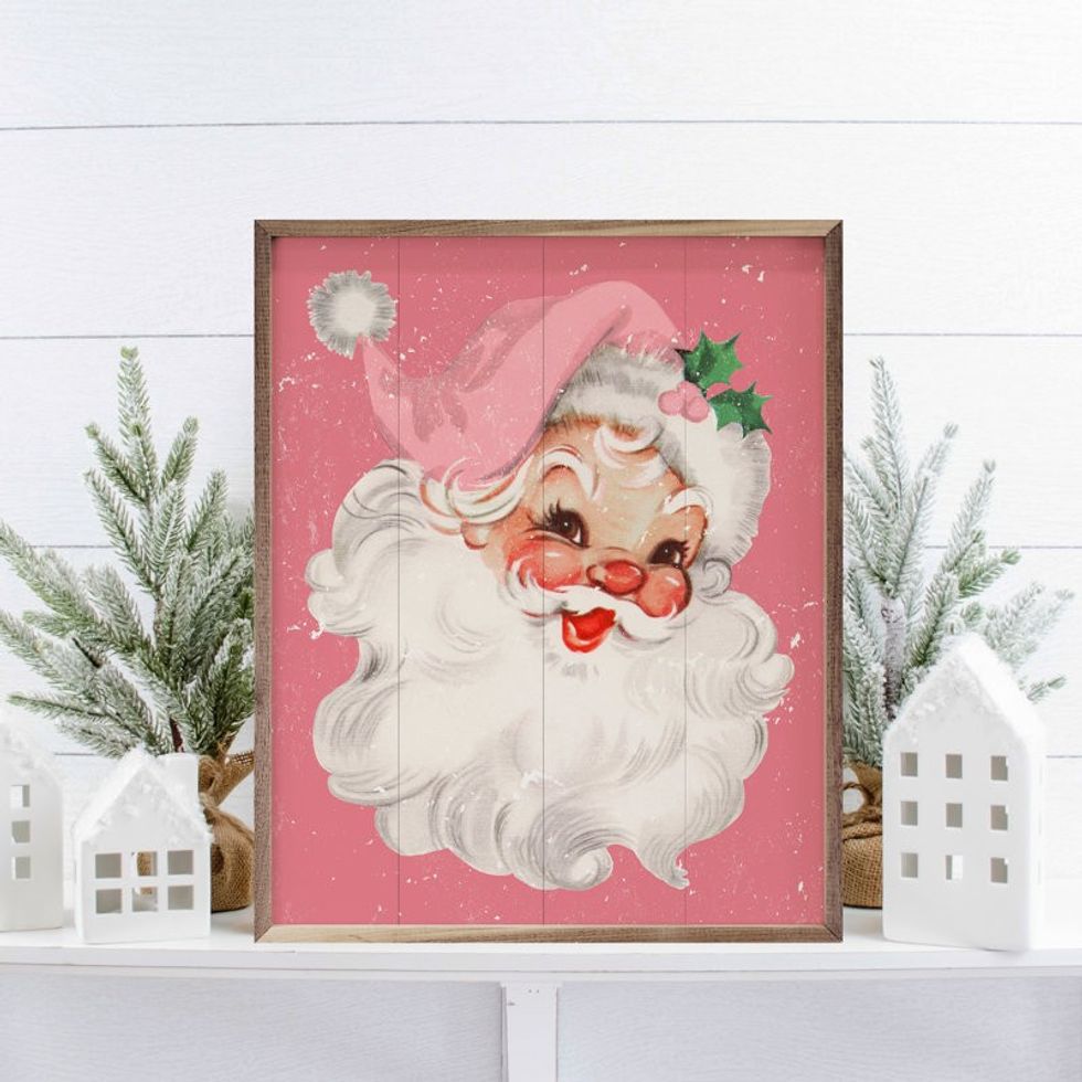 The Holiday Aisle Pink Santa Framed On Wood Print